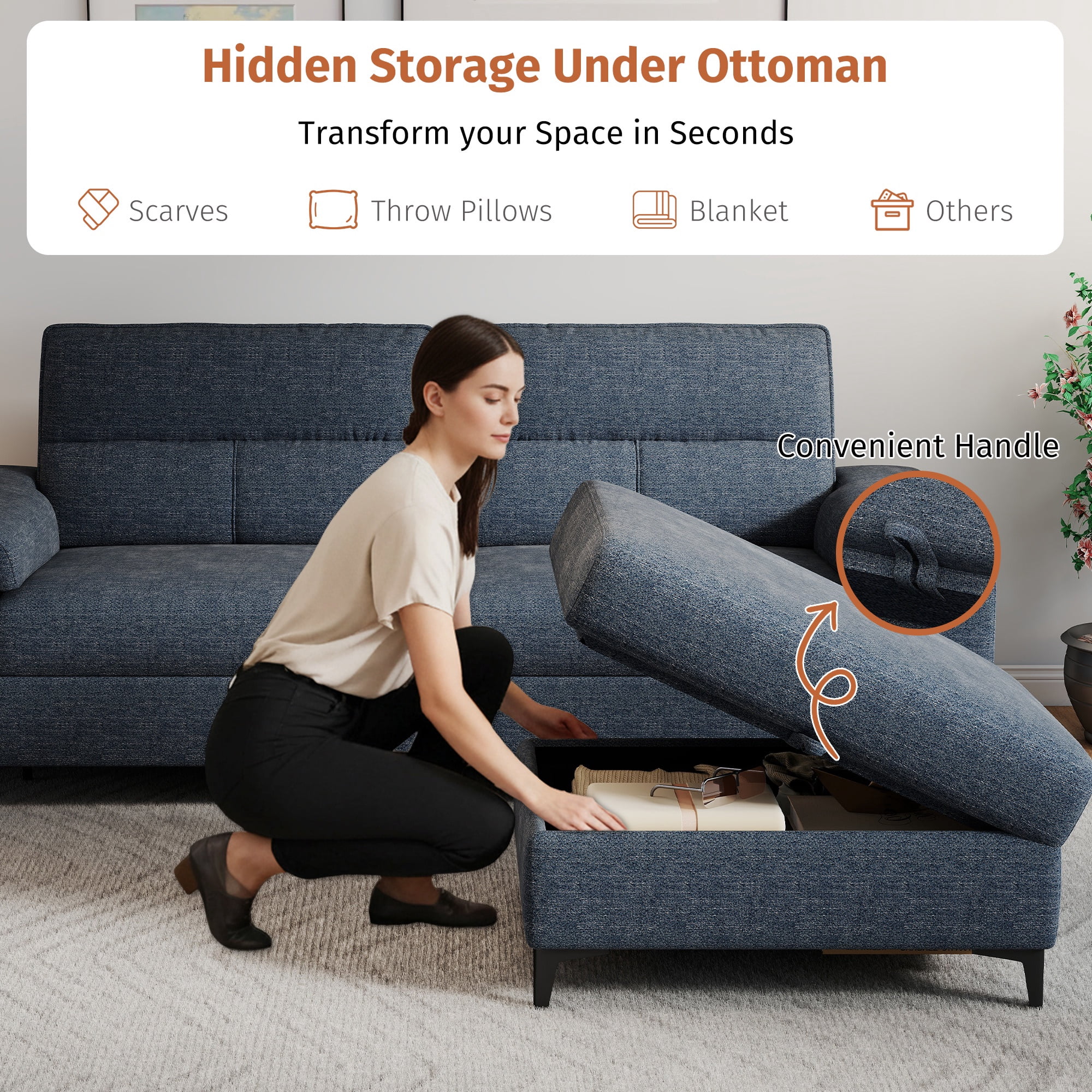 Modular Storage Ottoman for Sectional Sofa Chenille Upholstered Footrest Stool for Living Room Blue