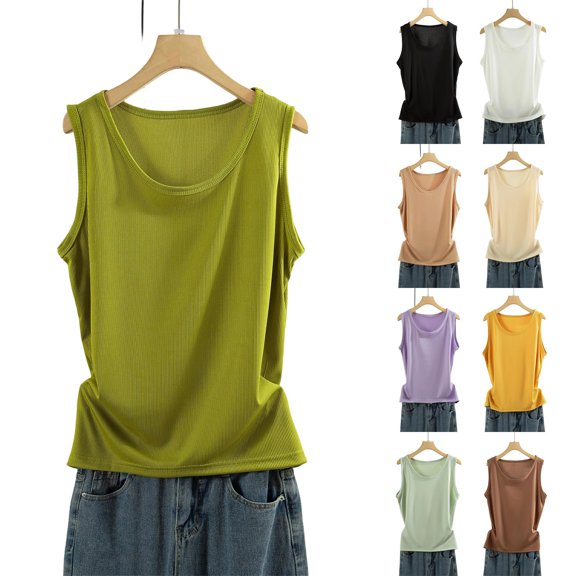 Women's Solid Color Ribbed Knit Tank Tops Casual Basic Crew Neck Sleeveless Top Green XL(XL)
