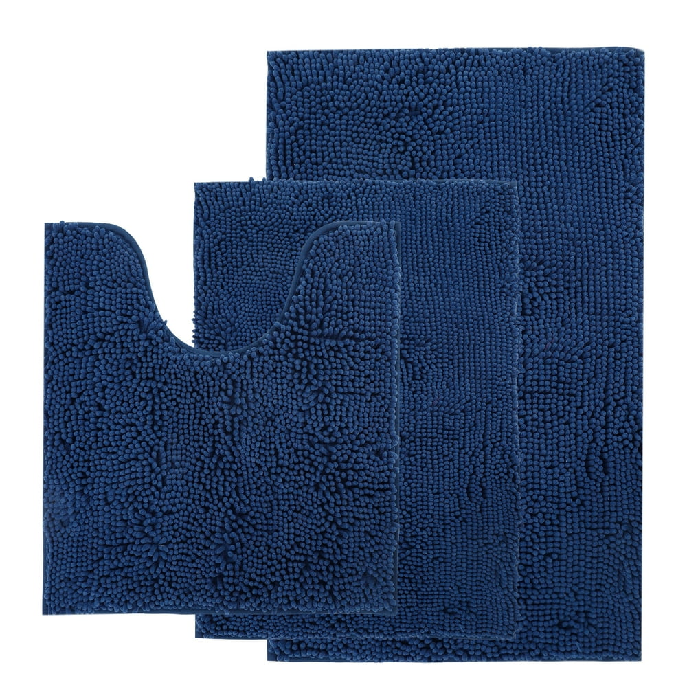 AOACreations Bathroom Rugs Luxury Ultra Soft Chenille Bath Mat 3 Piece Set, Navy Blue Walmart