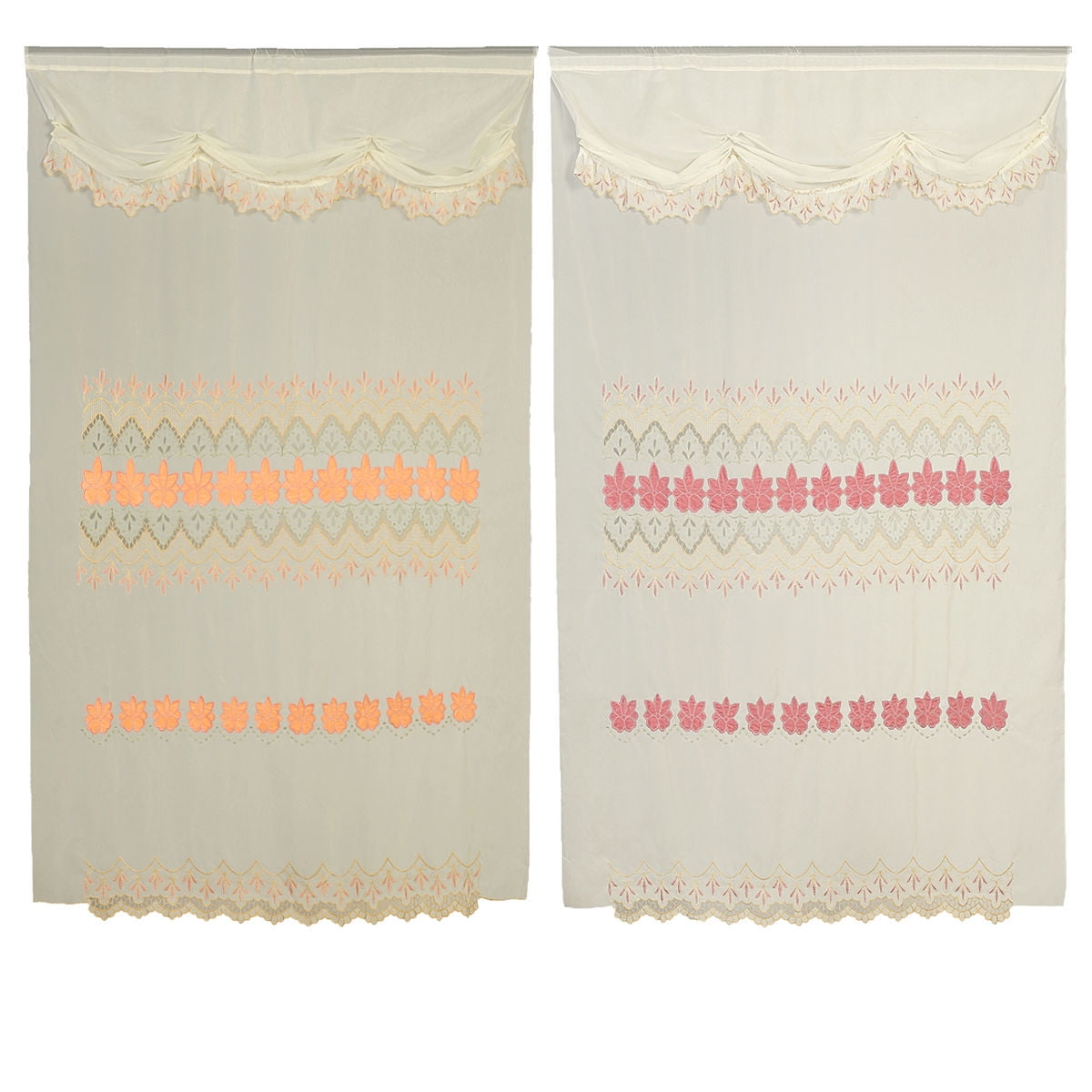 Peach Pink Room Decor Velvet Flowers Sheer Window Curtain Drapes