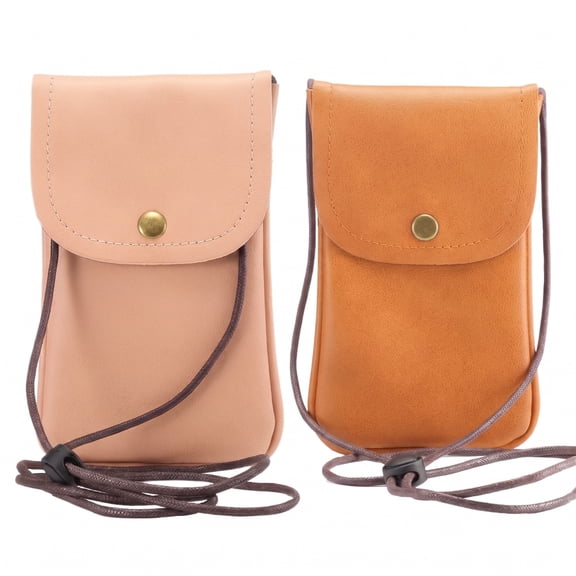 2PCS Adjustable Lanyard PU Leather Phone Neck Pouch, Flip Crossbody Mini Travel Purse Card Holder, Pink & Brown