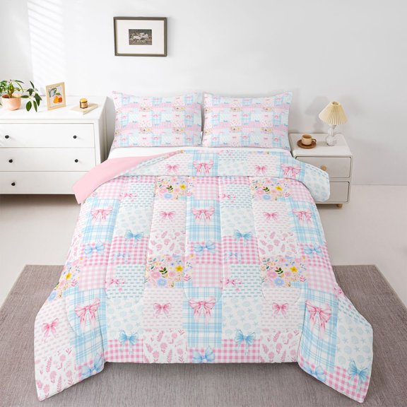Manfei Pink Kawaii Flowers Full Size Comforter Sets,Cute Coquette Bowtie Bedding Comforter Set,Pink Reversible,3-Piece,1 Comforter and 2 Pillowcases