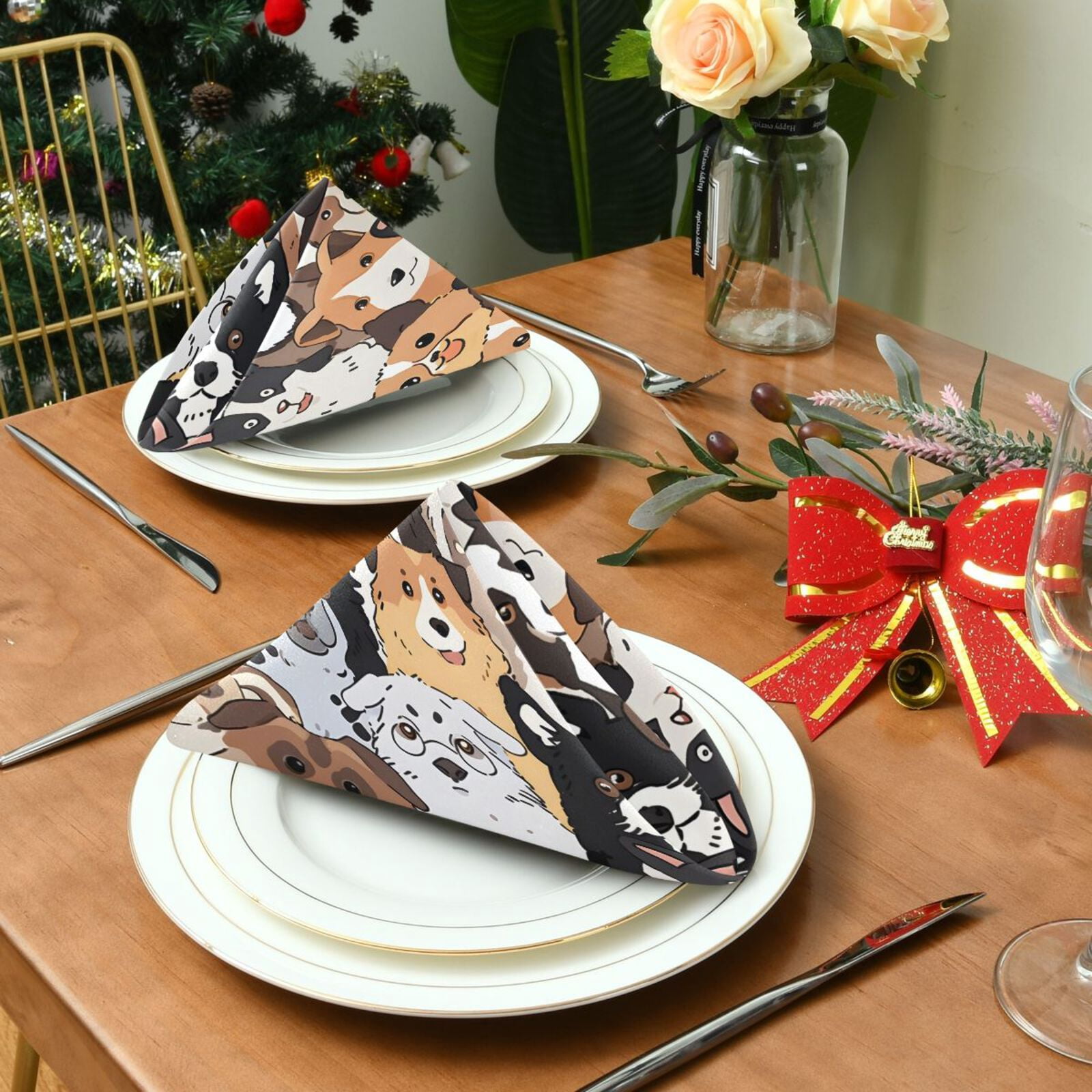 JSTEL Cute Dog Prints Puppy Animal Cloth Napkins Set of 6, 20x20 Inch Washable and Reusable Napkin for Decoupage Dinner Party Everyday Use