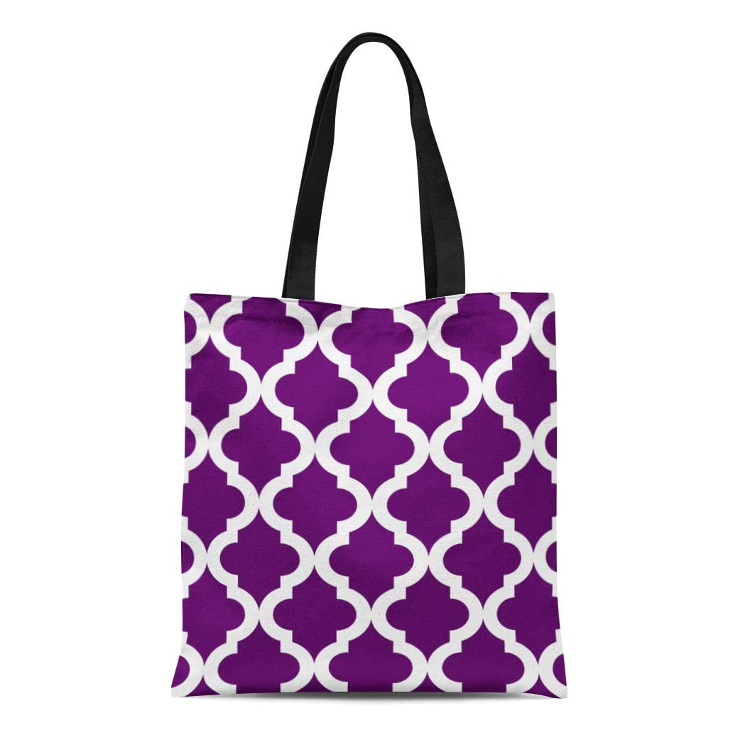 ASHLEIGH Canvas Tote Bag Pattern Purple Moroccan Quatrefoil Preppy Modern Traditional Reusable