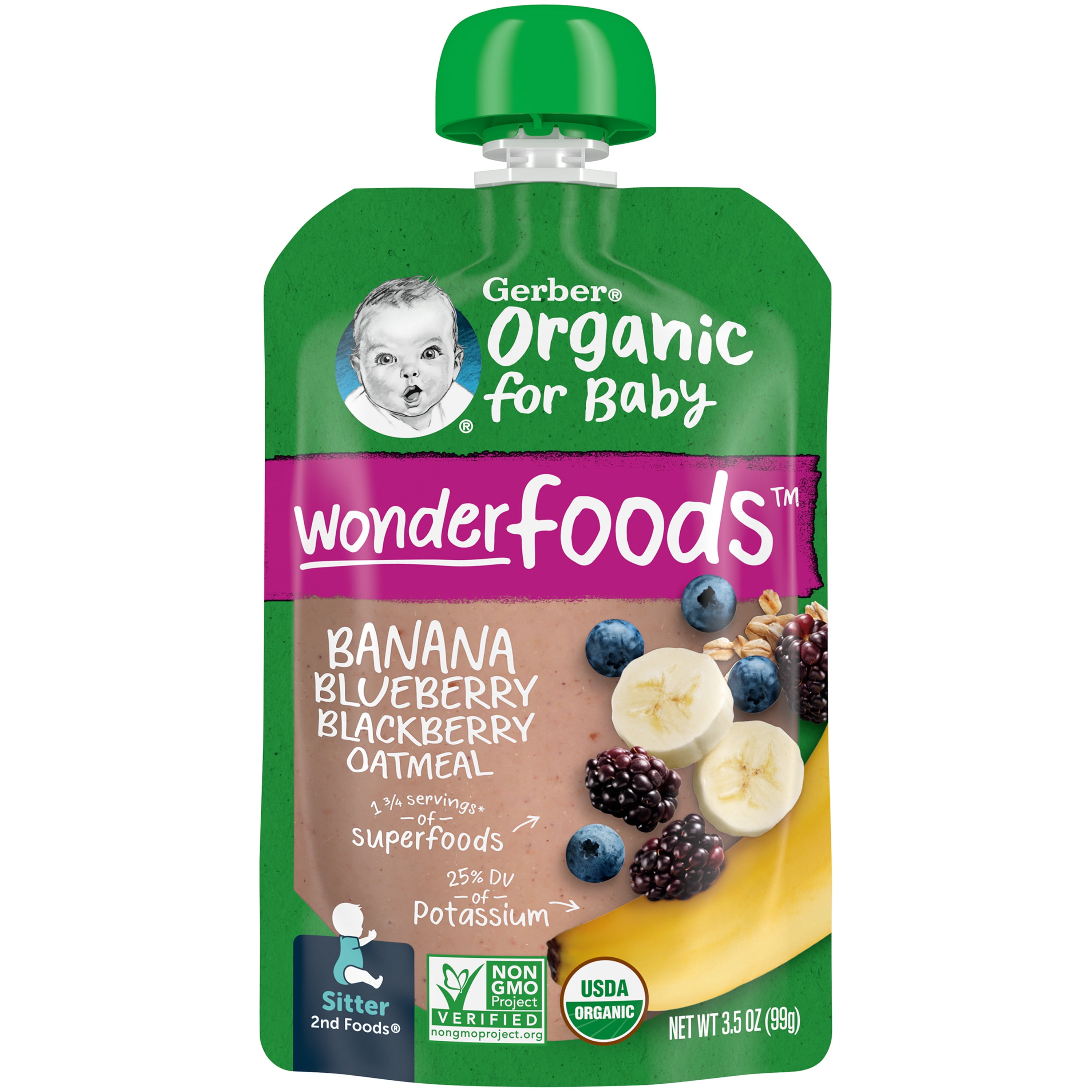 Gerber 2nd Foods Organic for Baby Wonder Foods Baby Food, Banana Blueberry Blackberry Oatmeal, 3.5 oz Pouch