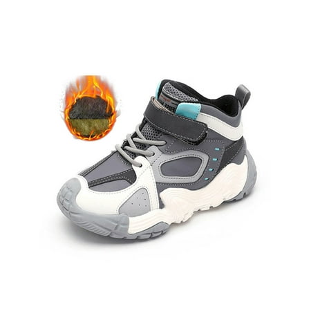 

Avamo Unisex Kids Sneaker Round Toe Sneakers Plush Lined Running Shoes School Winter Shoe Hiking Keep Warm Hook And Loop Gray with Thicken Plush 2.5Y