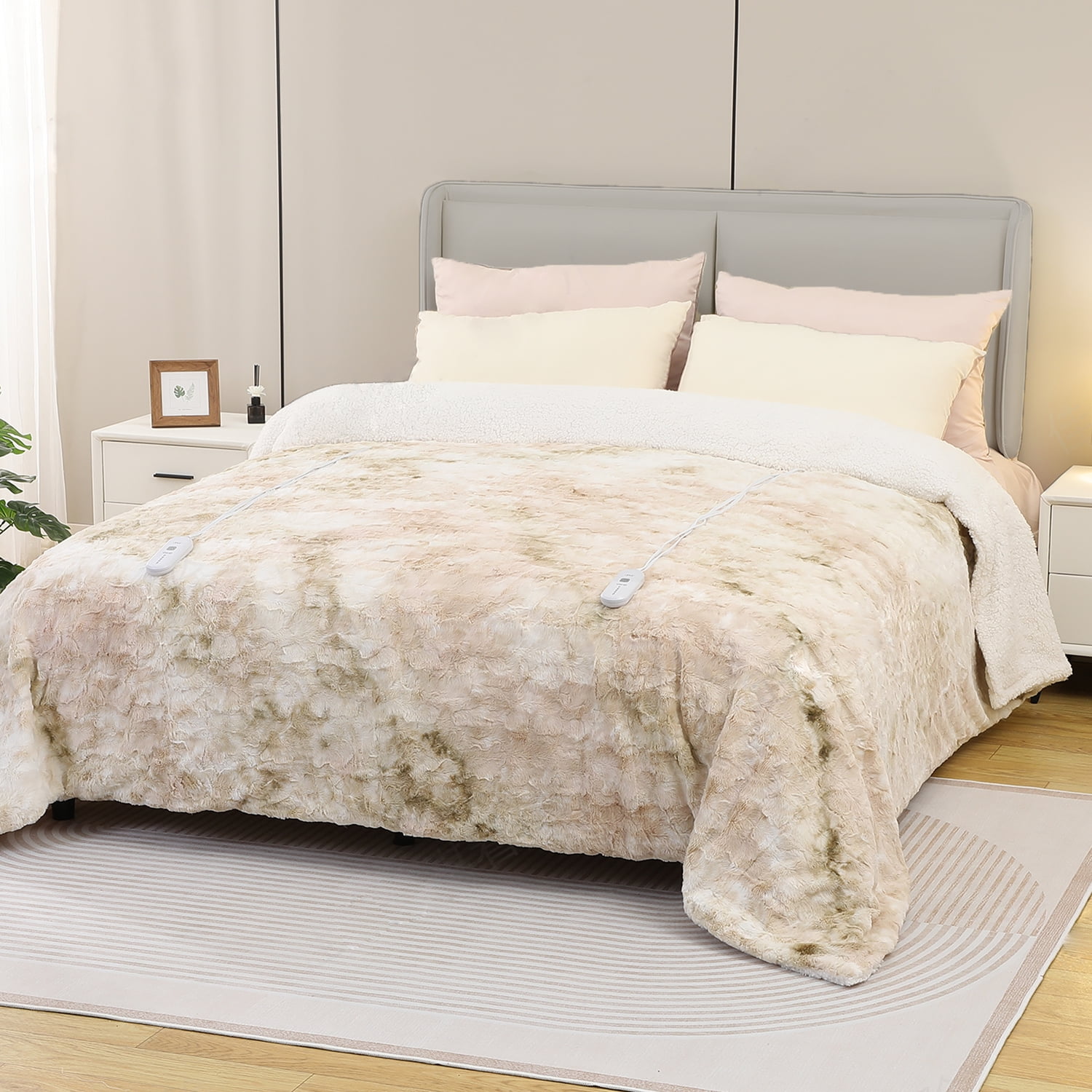 Dowin Faux Fur Electric Blanket Full Size, Tie Dye Heated Blanket 72" x 84" with Single Controller, 5 Heating Levels & 10 Hrs Auto-off,Machine Washable,Beige