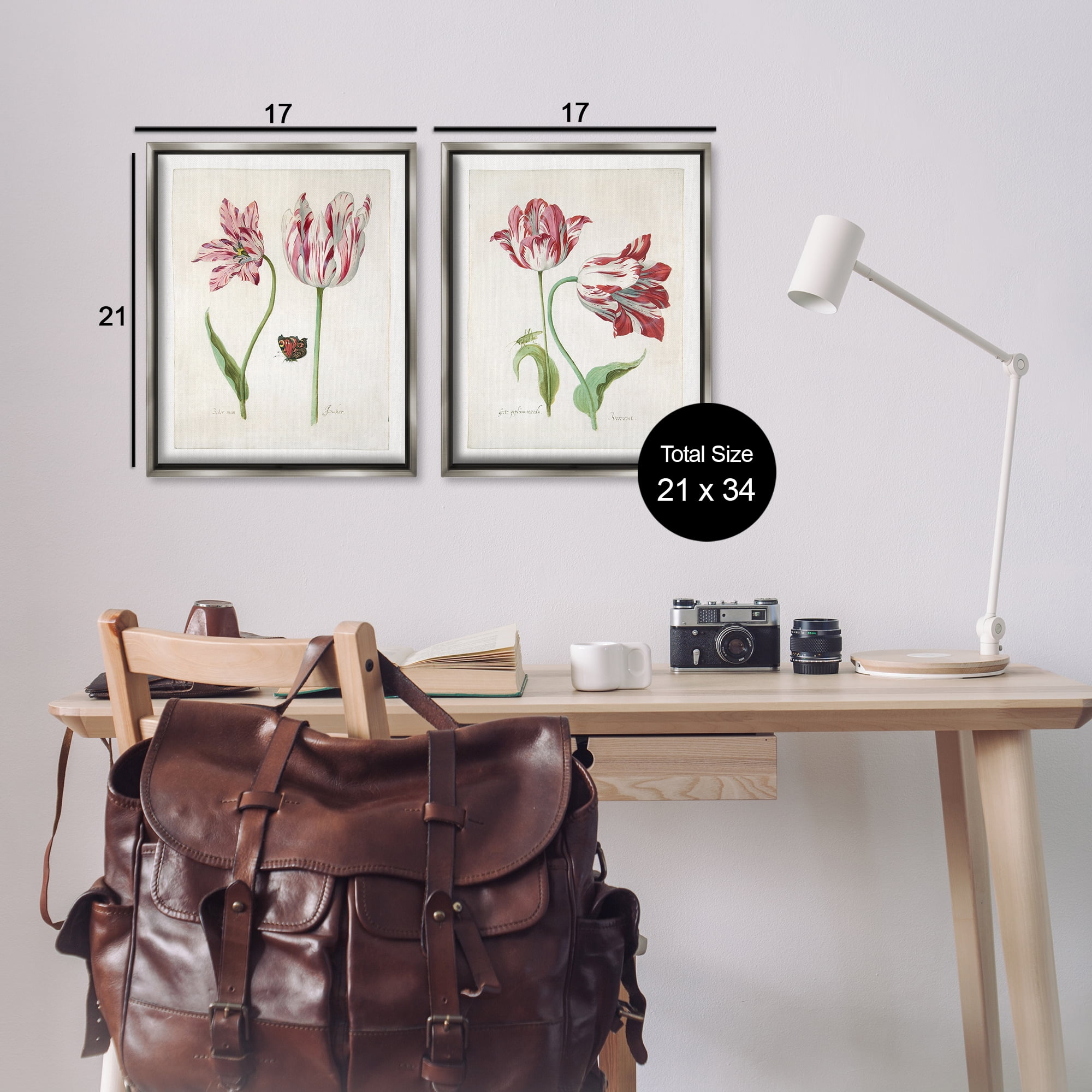 Stupell Industries Vintage Tulip & Insect Studies Floral & Botanical Painting Gray Floater Framed Canvas Art Print Wall Art, 17 x 21, Set of 2