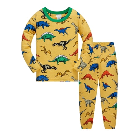 WIBACKER 2-8Y Kids and Toddler Boys Long Sleeve Pajamas 2 Piece Pjs Set 100% Cotton Sleepwear Dinosaur Jammies