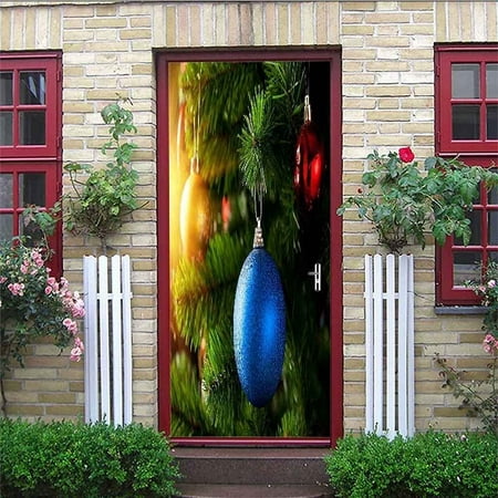 Door Mural 3D Vinyl Door Wallpaper Christmas Blue Hanging Ball 