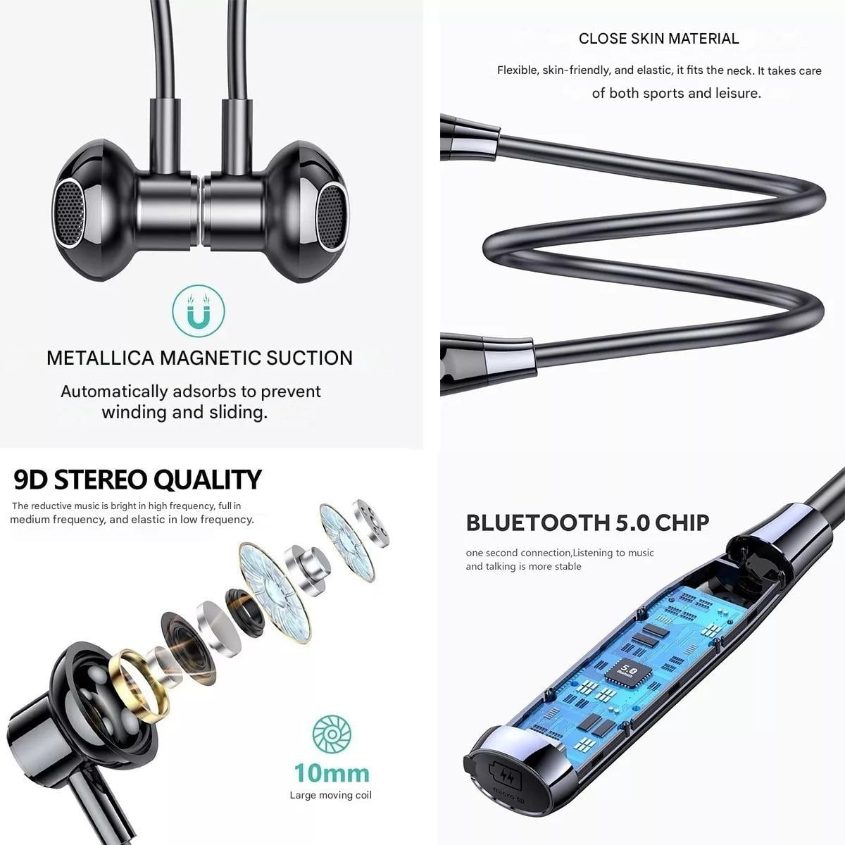 Wireless Bluetooth Headphones With TF Card Slot, 100H Playtime Neckband Earphones for Sports, Home Office, Video Conference (Black)