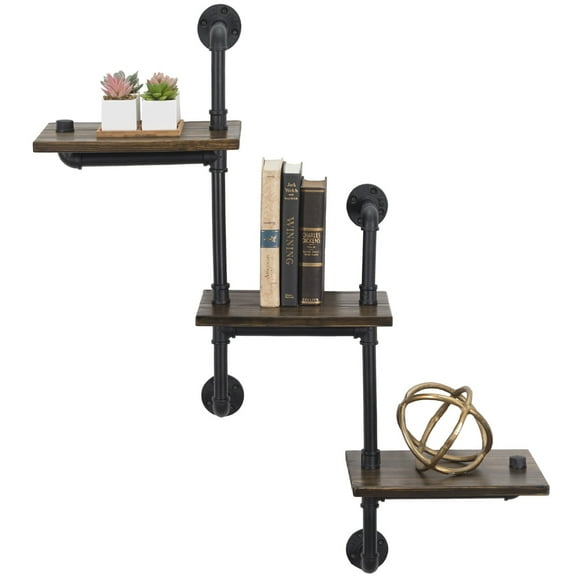 Excello Global Products 3-Tier Wooden Wall Ladder Floating Rustic Shelf 35"x40" with Iron Black Pipe Hardware for Bedroom, Kitchen, Office - EGP-HD-0059