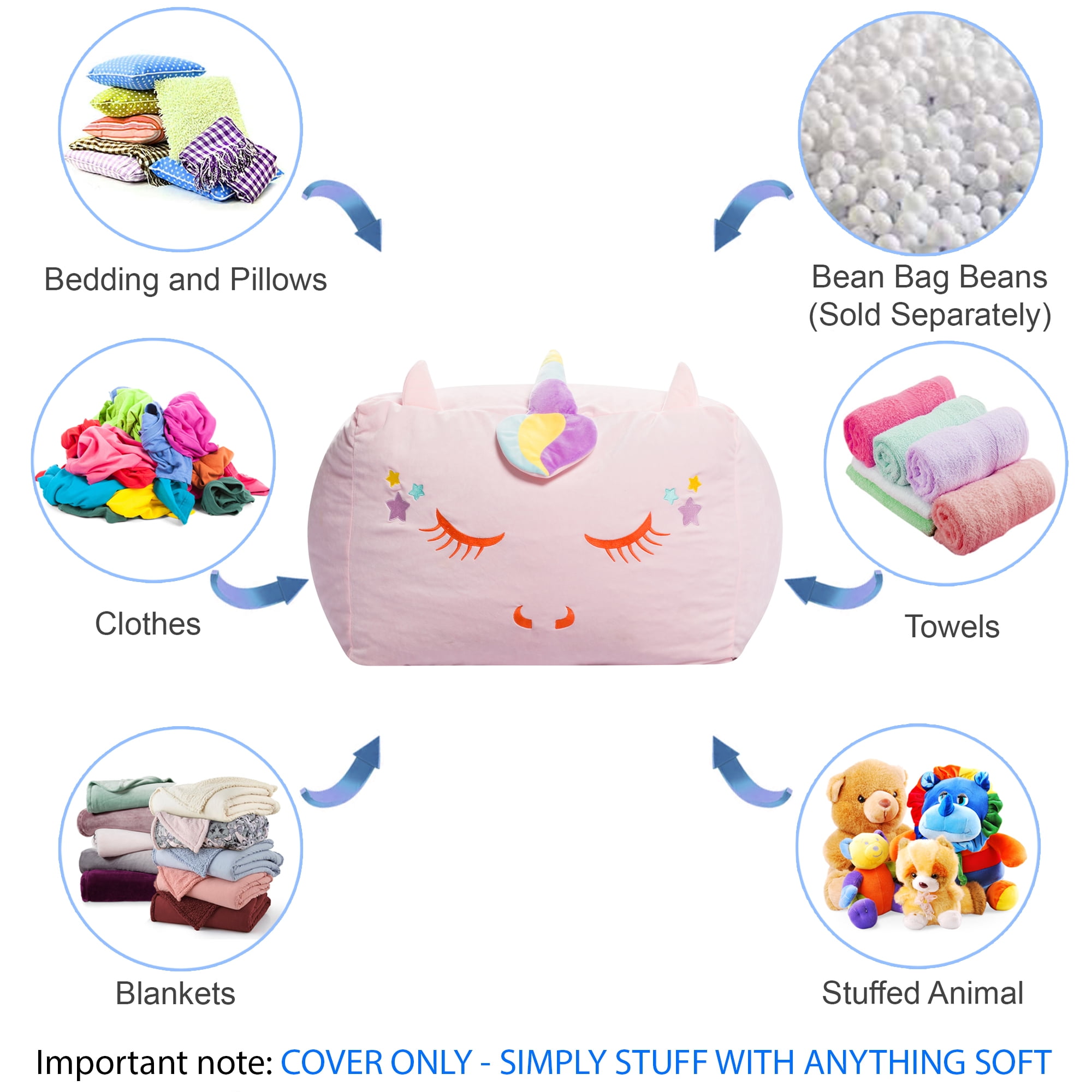Posh Creations Bean Bag Chair Stuffable Cover, Soft Cover, Kids, 1.5 ft, Pink Unicorn
