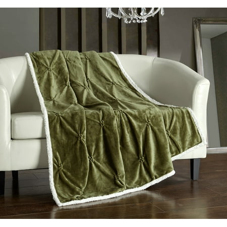 Green Throw Blankets Chic Home 1 -piece Barbuda Pinch Pleated Sherpa Lined 50x60