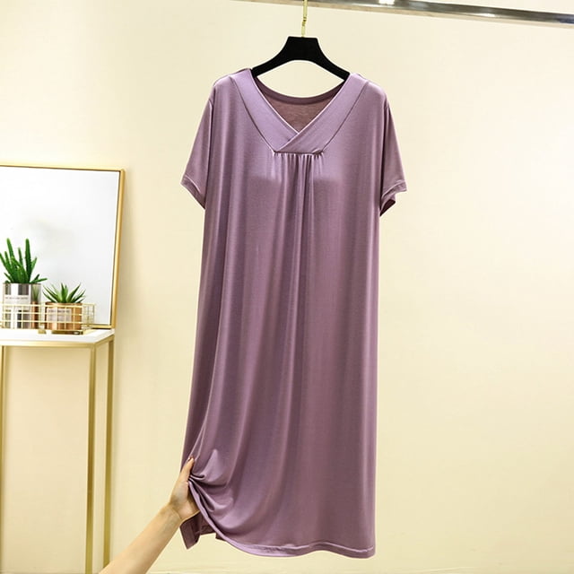 Ovzne Robes pour Femmes 2025 Robe de Plage Femme Couleur Unie Col en V avec Coussin de Poitrine Manches Courtes Robe Plissée devant Chemise de Nuit Grande Taille Robe Maxi Manches Courtes Liquidation