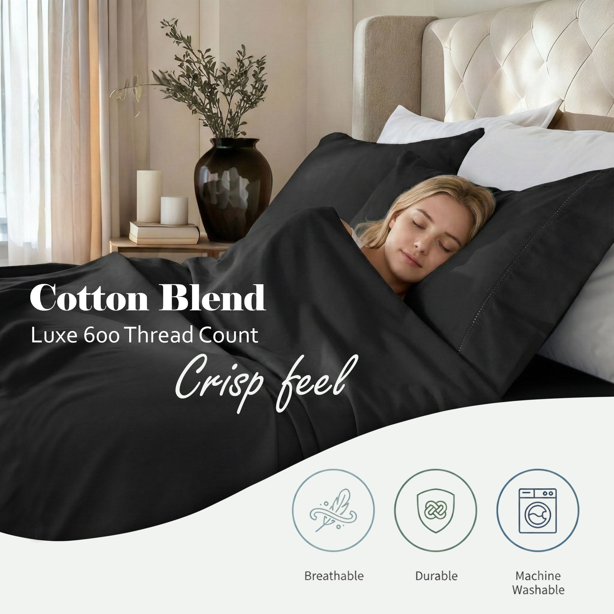 Superior Cotton Blend 600 Thread Count Embroidered Sheet Set, Split King, Black