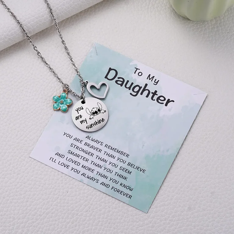Stitch Gift Ohana Means Family Necklace&Blessing Card, Stitch Jewelry You Are My Sunshine Birthday Gift for Daughter Granddaughter Girls