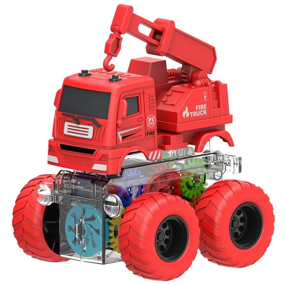 Light Up Gear Fire Truck Toy - With Transparent Gear Mechanism, Flashing Lights, Big Red Tires For Kids, Boys, Girls For Playtime, Imaginative Play, Firefighter Themed Fun