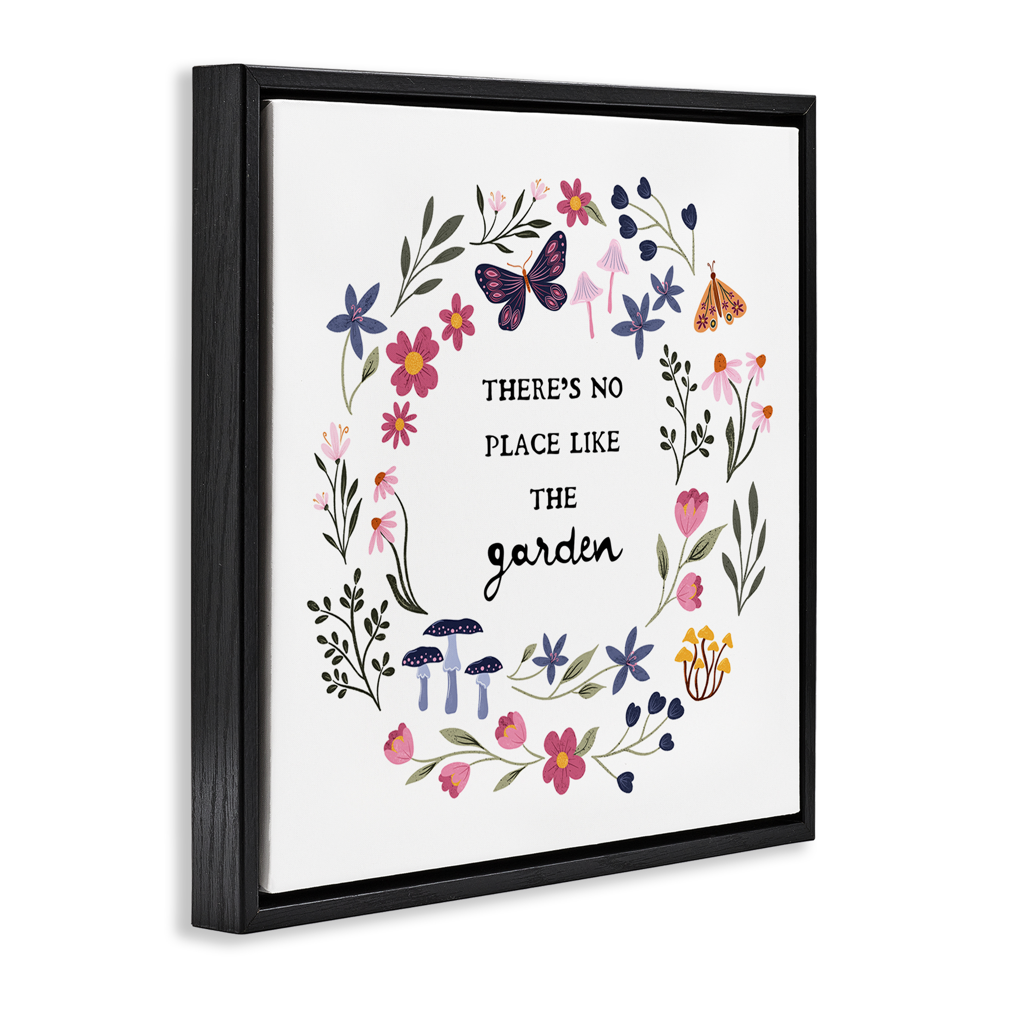 Stupell Industries No Place Like Garden Wreath Plants & Flowers Painting Black Floater Framed Canvas Art Print Wall Art, 18 x 18