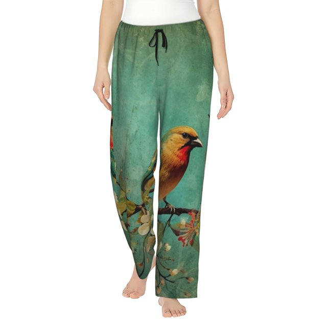 Daiia Retro Birds Pattern Women's Sleep Pant with Pockets and Drawstring,Pajama Pants-Medium