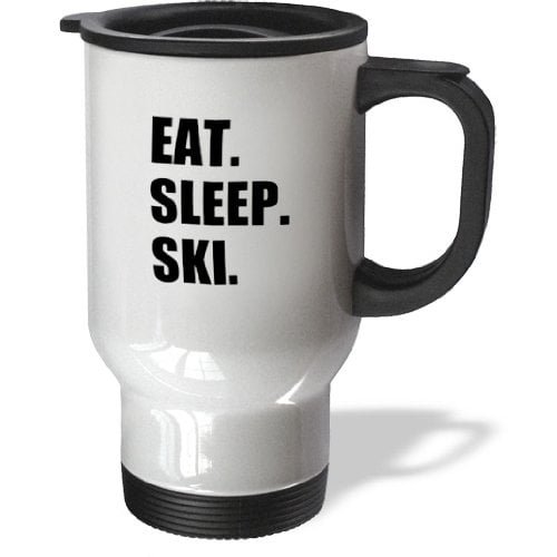3dRose Eat Sleep Ski skiing enthusiast passionate skier sport black text, Travel Mug, 14oz, Stainless Steel by 3dRose