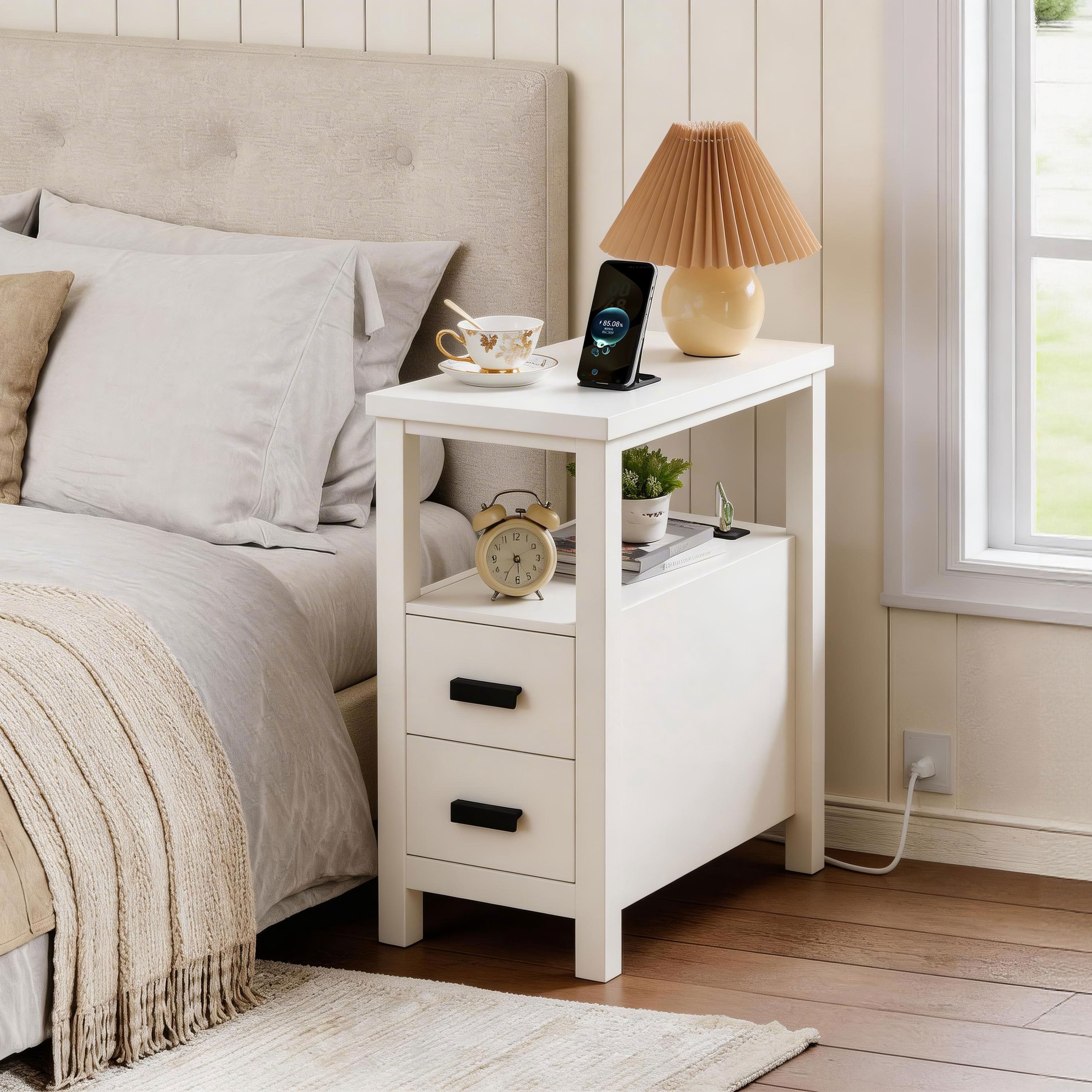 MAYEERTY Narrow End Table with Charging Station, Modern Side Table with 2 Drawers and Open Shelf, USB Ports, for Living Room Bedroom Small Spaces
