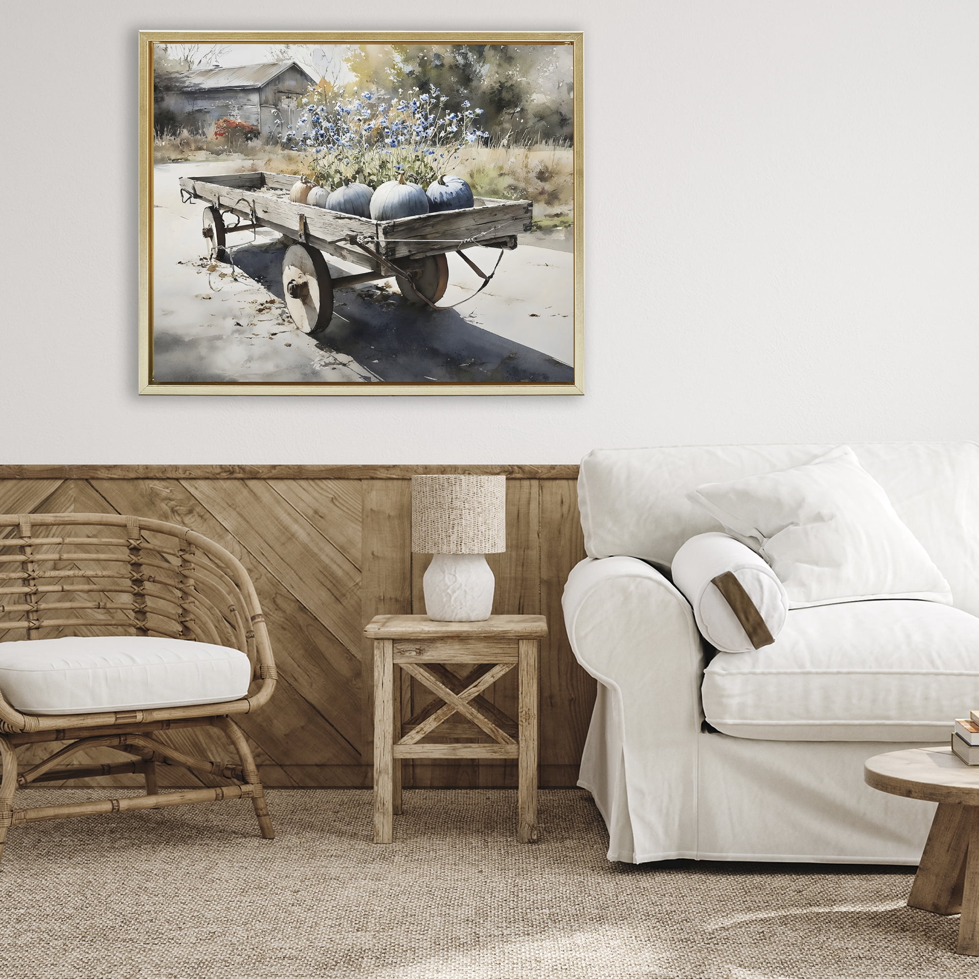 Stupell Industries Blue Pumpkin Wagon in Sunlight Gold Framed Floater Canvas Wall Art, design by Franklyn Gregory