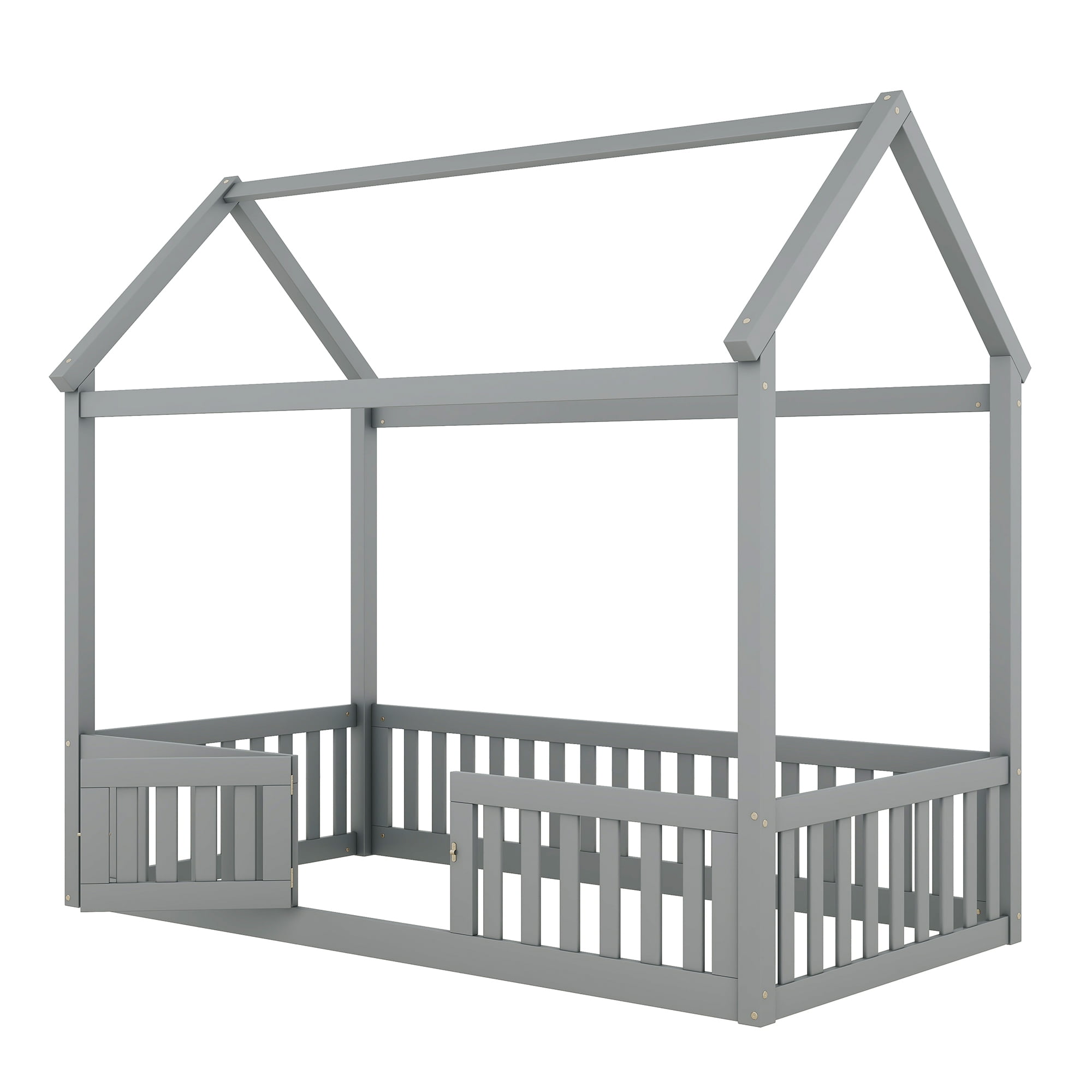 Euroco Twin Size Low House Bed with Fence and Door, Gray