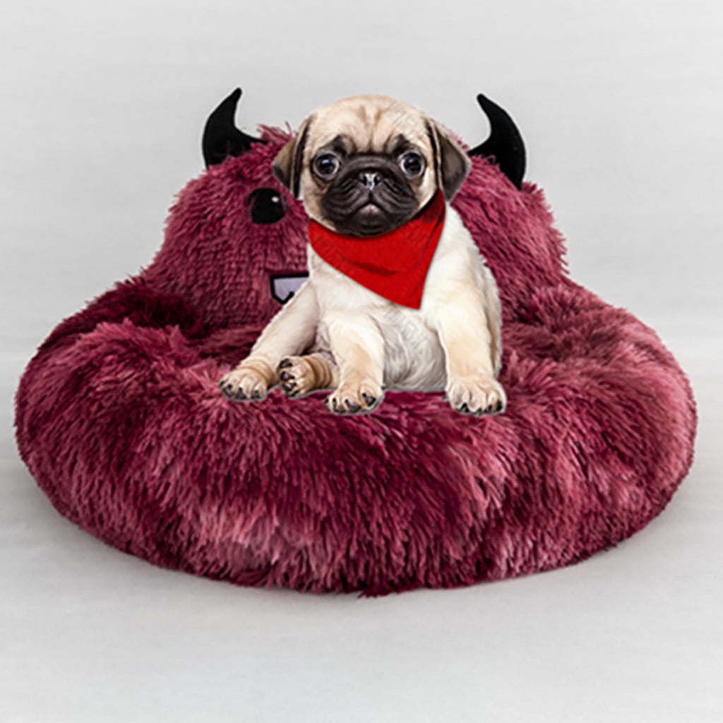 PureCasa Semi-Enclosed Cute Dog Cat Bed for Fall Winter, Comfortable Long Plush Fluffy Pet Pad House Thermal Kennel, Creative Sleeping Cushion Pads for Small Cats Dogs, Round, 1 Pack, XL, Red