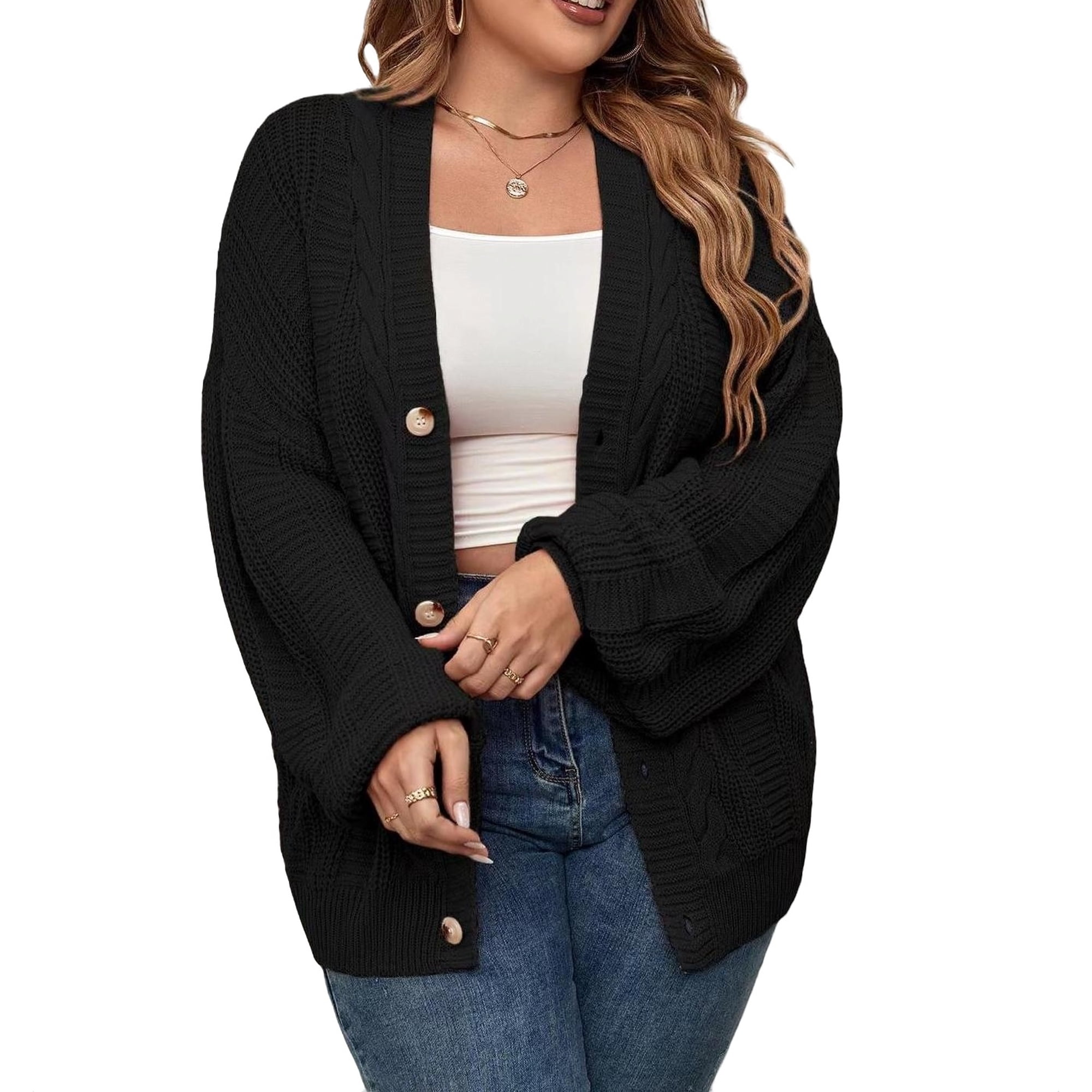 Casual Plain V neck Cardigan Long Sleeve Black Plus Size Cardigans (Women's  Plus) - Walmart.com