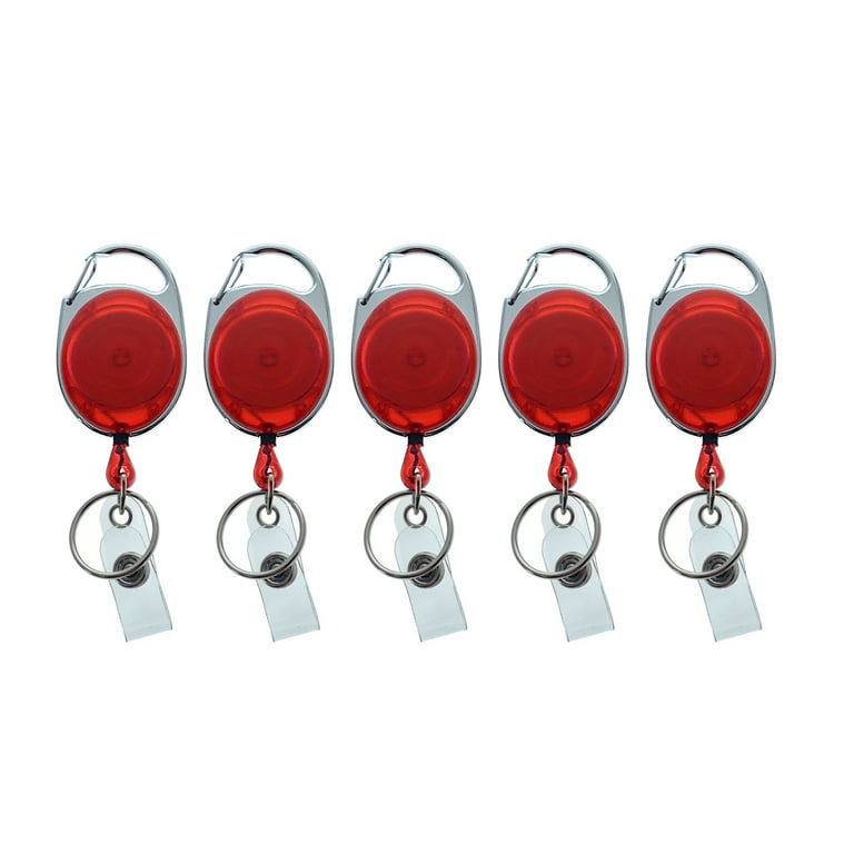 5 Pack - Premium Retractable Oval Shaped Badge Reels with Carabiner Belt  Loop Clip, Keychain and ID Holder Strap by Specialist ID (Red) 