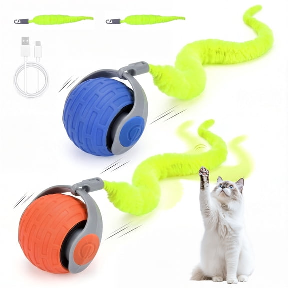 2 Pack Interactive Cat Toy Ball,Speedy Tail Toys for Indoor Cats with Feather Tails (Blue-Orange)