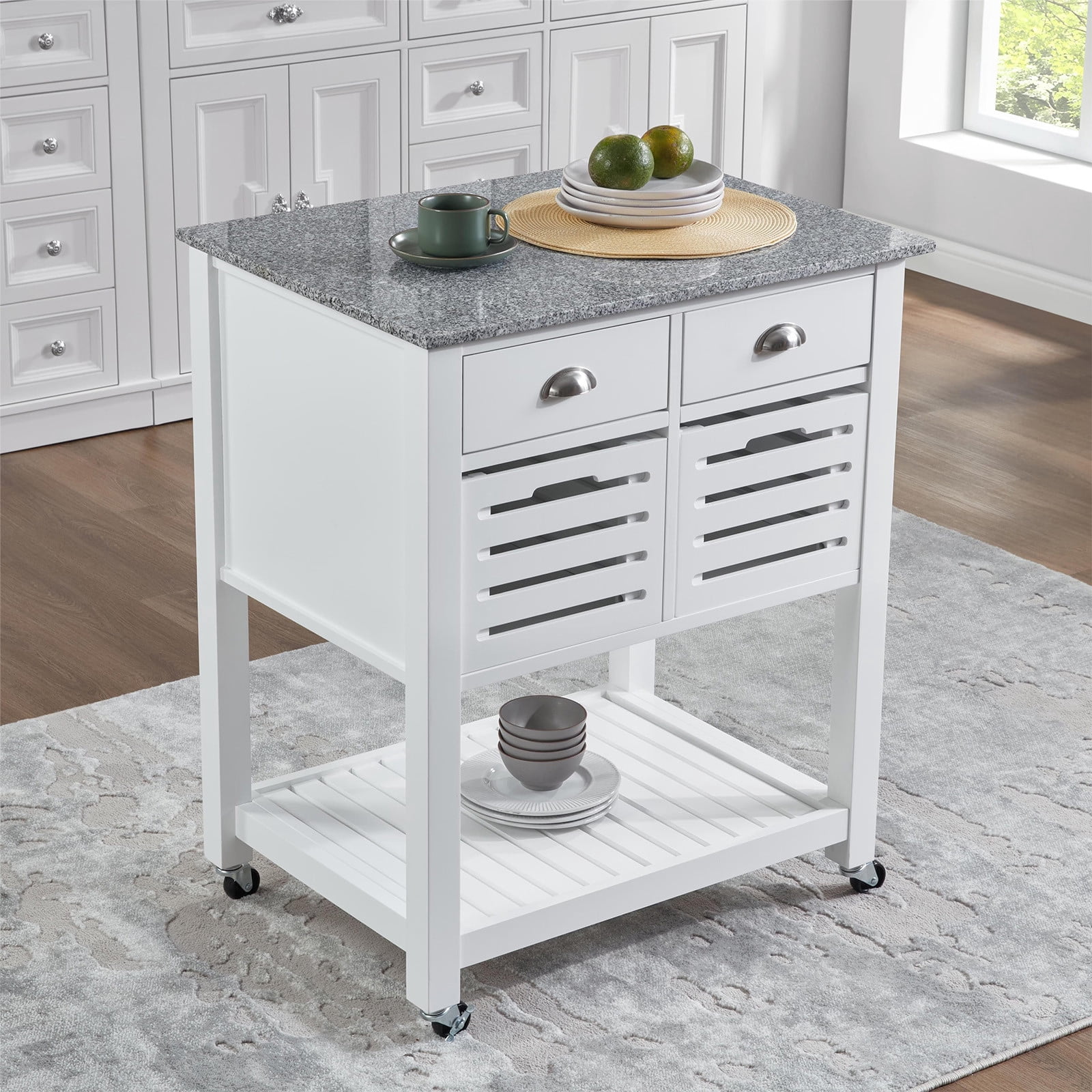 WEGFTDUOP Kitchen Island Cart with Storage, Mobile Rolling Kitchen Island on Wheels, Trolley Serving Cart with Underneath Drawer & Slide-Out Wire Storage Basket for Kitchen, Dinning Room