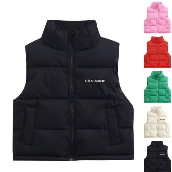 Gamivast Vest for Kids Size 3-15 Letter Printed Loose Zip up Sleeveless Down Jackets with Pockets Winter Warm Stand Collar Puffer Coats Fashion Outerwear for Boys Girls Teen