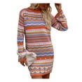 thumbnail image 4 of Women Long Sleeve Crochet Dress Boho Casual Hollow Out Striped Short Dress Knit Sweater Mini Dress, 4 of 8