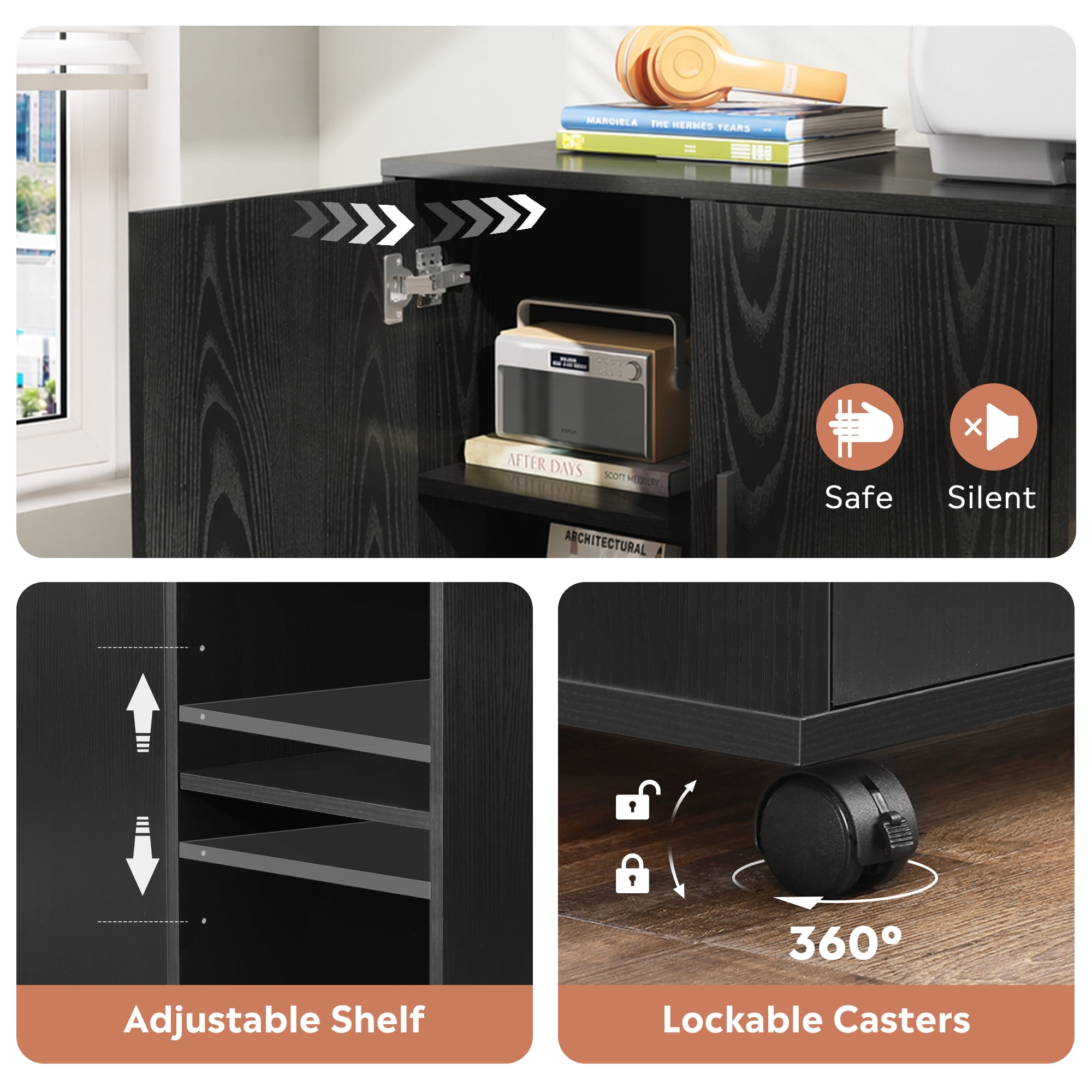 GALAXHERO Wood Storage Cabinets with Doors and Shelves, Lateral File Cabinet & Printer Stand with Storage for Home Office, Black
