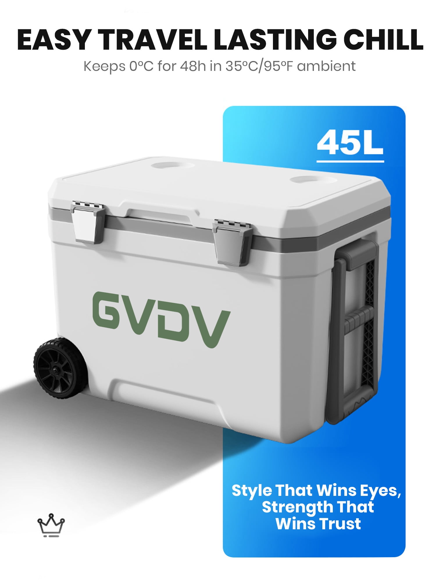 GVDV 45 Qt Rolling Coolers with Wheels, Lightweight Hard Chest，White