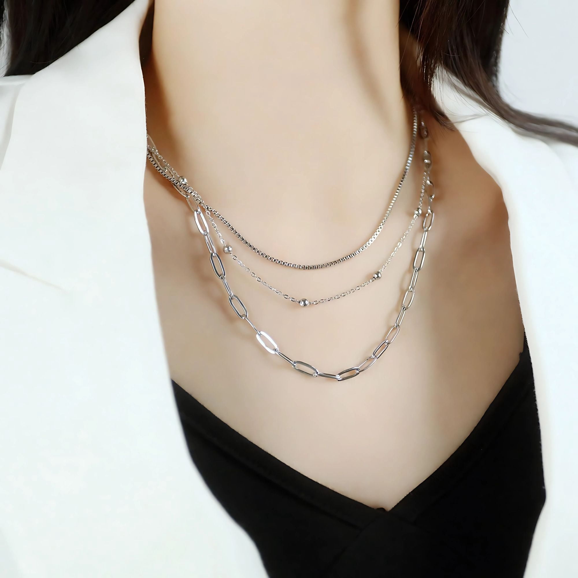 Layered Chain Necklace for Women by Ginger Lyne Silver Tone Stainless Steel Box Bead and Paperclip Chains