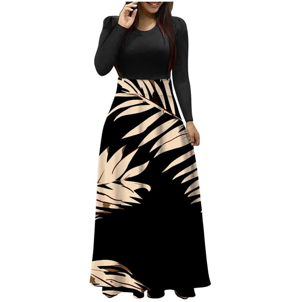 Vestido largo de manga larga con cuello redondo y estampado floral para mujer Pompotops hdfakjf4119