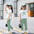 thumbnail image 2 of Girls Summer 2 Piece Outfits Crew Neck Short Sleeve Print Tees Plaid Elastic Waist Pants Casual Trendy Clothes (7 Years, Green), 2 of 4