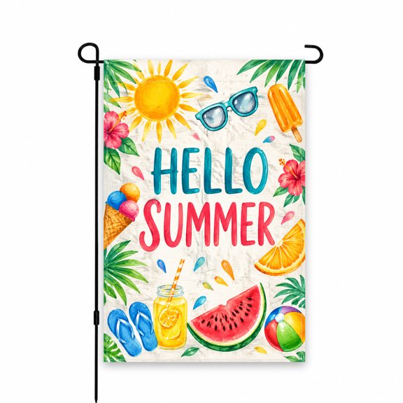 Summer Garden Flag with "Hello Summer" Design – 12x18 Inch – Outdoor Decor for Yard, Lawn, Patio, Porch – Vibrant Sunglasses, Sun, and Beach Theme
