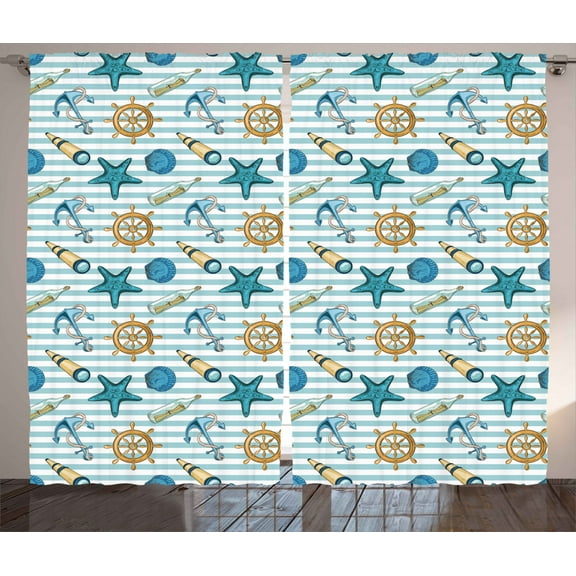 Ambesonne Nautical Curtains 2 Panel Set, Anchor Wheel Starfish, 108" x 90", Blue and Apricot