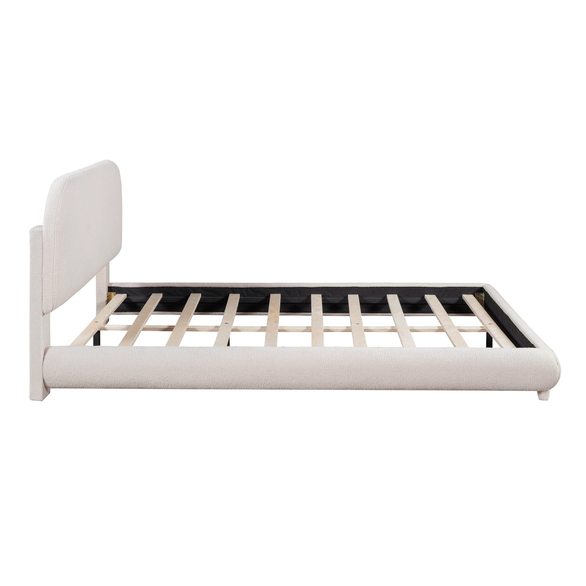 Harper & Bright Designs Teddy Fleece Queen Platform Bed with Thick Fabric, Queen Size Platform Bed Frame with Curve Upholstered Headboard, Beige