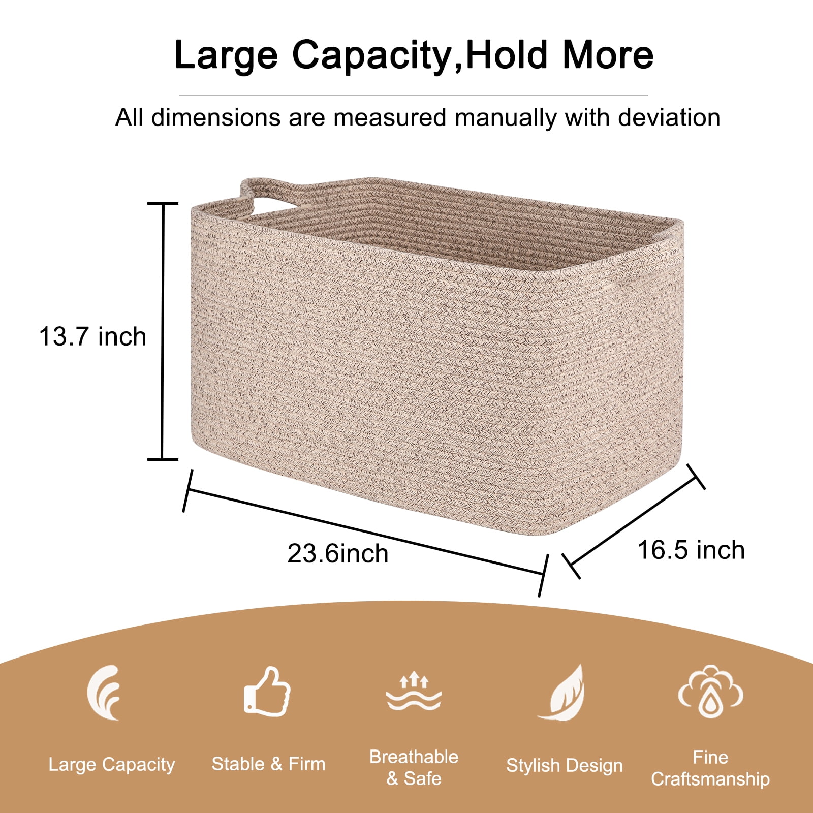 CHERISHGARD Blanket Basket 90L Rectangle Rope Baskets for Storage, Cotton Rope Basket for Bedroom Livingroom Washingroom