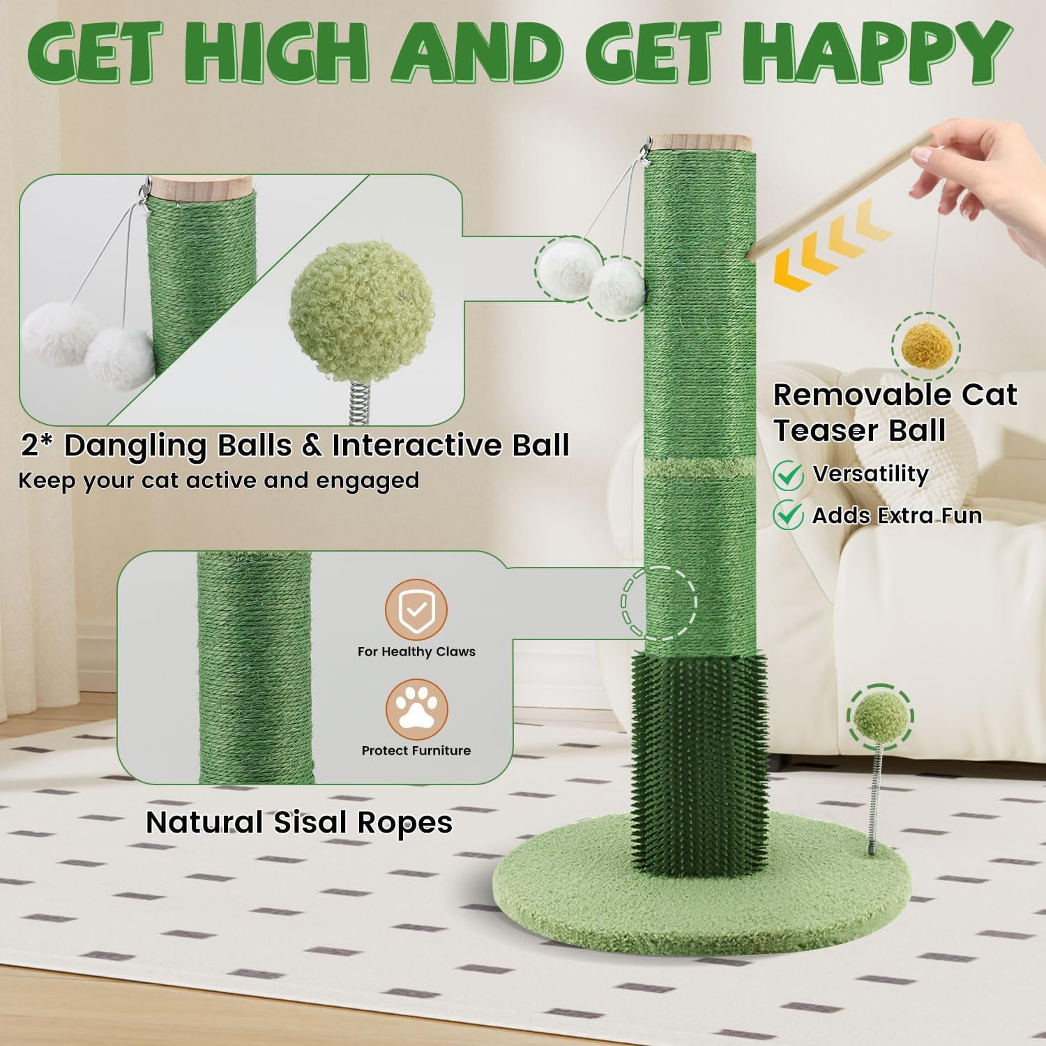 30" Tall Cat Scratching Post with Self Groomer Cat Brush, Sisal Scratch Posts with Removable Cat Teaser, Kitten Claw Scratch 4 Dangling Toy Balls, Cat Scratcher Post for Indoor Cats and Kittens