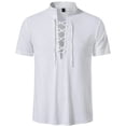 thumbnail image 3 of HAOMEILI Men's Cotton Linen Lace-Up V-Neck Short Sleeve Shirt, 3 of 5