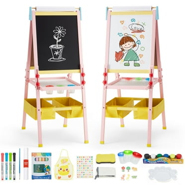 Richryce Wooden Kids Art Easel, Height Adjustable Toddler Easel, Art Easel for Kids, with Magnetic Whiteboard, Blackboard, Drawing Paper Roll
