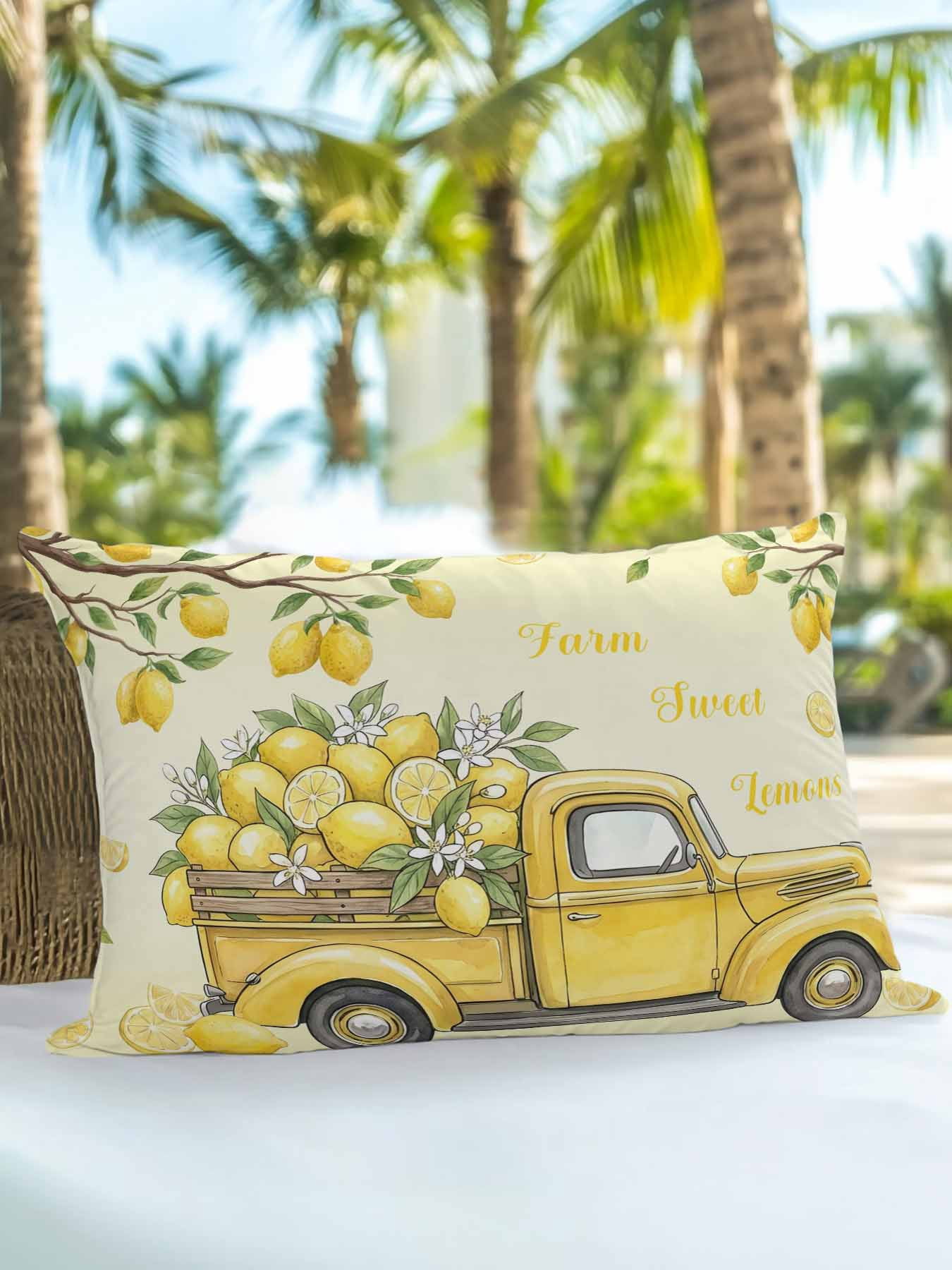 1 Pack Outdoor Pillows Waterproof, Lemon Truck Indoor/Outdoor Throw Pillows with Inserts, Summer Tropical Lemon Fruits Yellow Decorative Pillow for Patio Furniture Chairs Couch