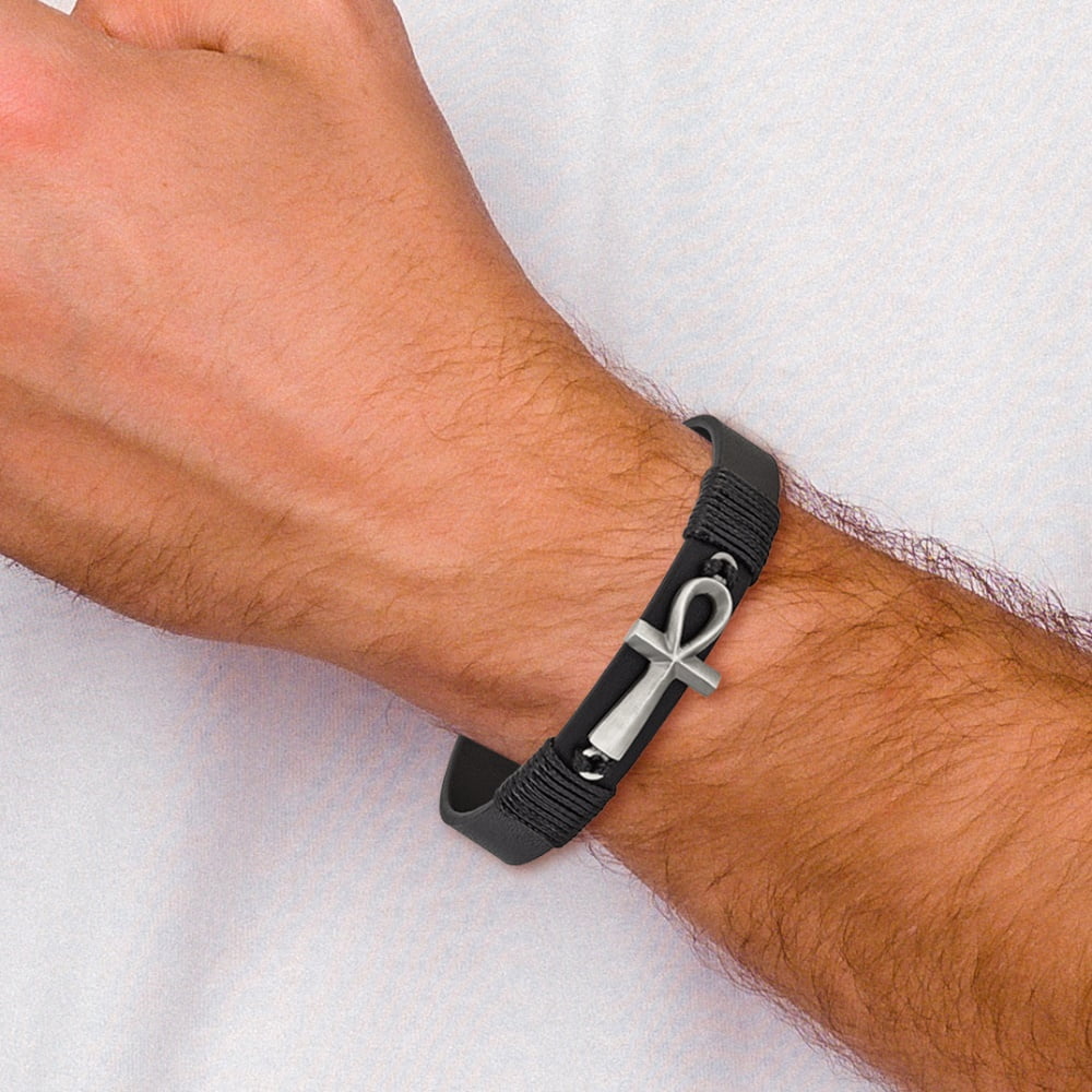 Diamond2Deal Stainless Steel Antiqued and Brushed Ankh Cross Black Leather Bracelet for Men 8.5"
