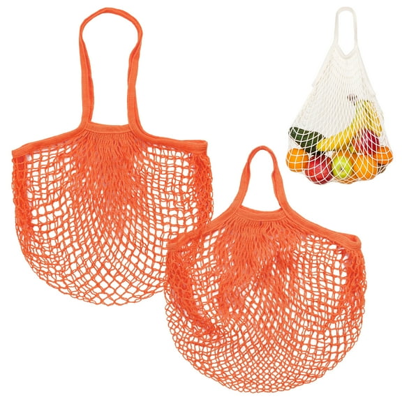 Uxcell 2-Pack Cotton Mesh Bag, Reusable Washable Net Grocery Bags for Shopping [Orange, Long&Short Handle]